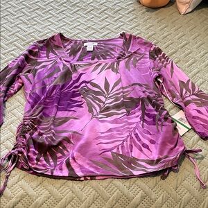 Caribbean Joe Green and Purple Leaf Print Blouse